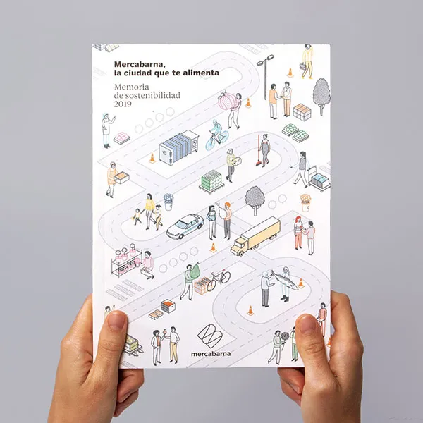 Diseño editorial. Memoria de Sostenibilidad para Mercabarna. Infografías y tablas.